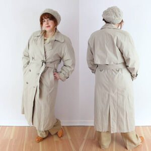 1980s Anne Klein Tan Trench Coat Classic Belted Double Breasted Khaki Wool Liner